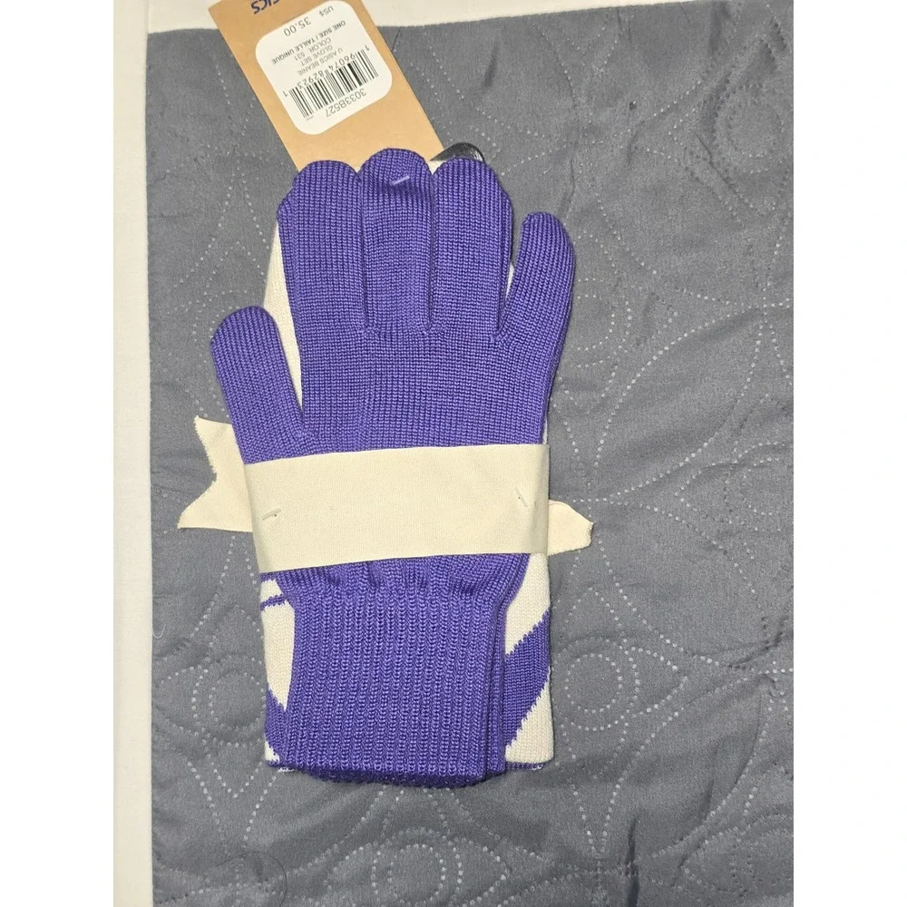 NWT ASICS Beanie and Gloves Set Women One Size Purple‎ White Knit reversible